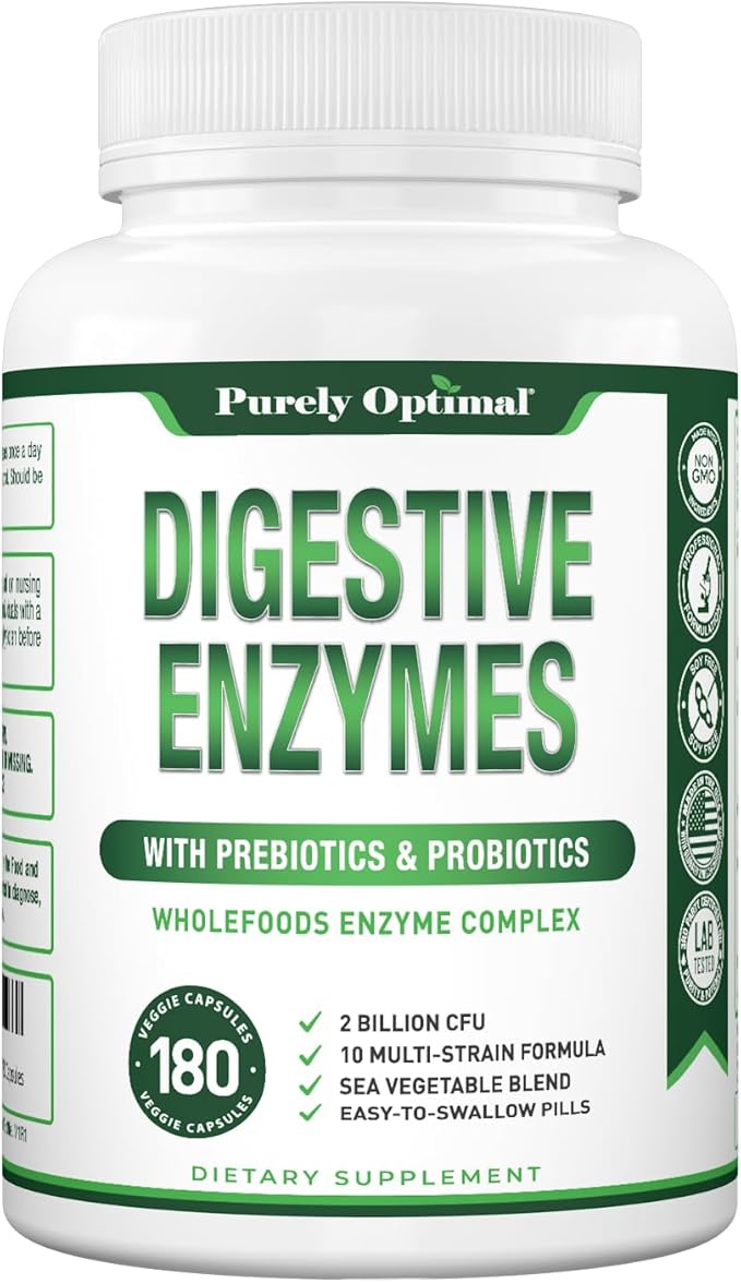 Purely Optimal Digestive Enzymes for Women and Men – Multi-Enzyme Supplement for Bloating Relief Digestion and Heavy Meal Support – with Probiotics and Prebiotics for Gut Health – 180 Capsules