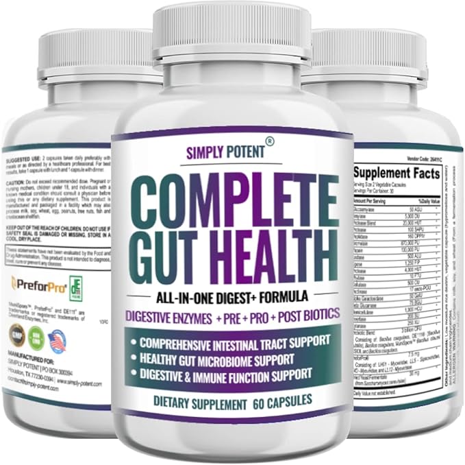 Simply Potent |Digestive Enzymes with PrebioticsProbiotics &amp Postbiotics – 4-in-1 Complete Gut Health Formula with Bacillus CoagulansAmylaseLipase &amp Bromelain |Non-GMOGlutenFreeVegan |60