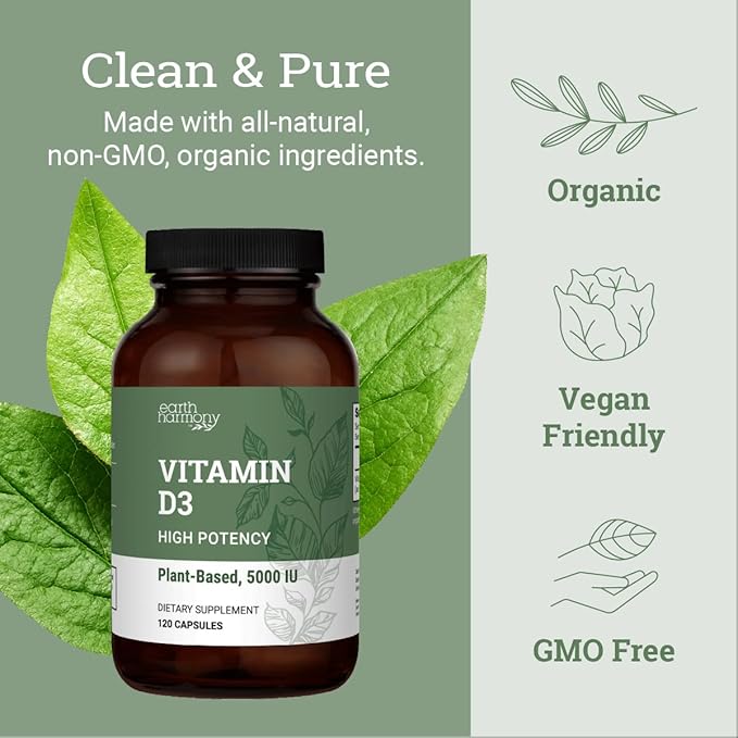 Vegan Vitamin D3 5000 iu Supplement - Pure High Potency Supplements for Immune Health &amp Strong Bones Support - Vitamin D 5000 iu - 120 Capsules 4-Month Supply