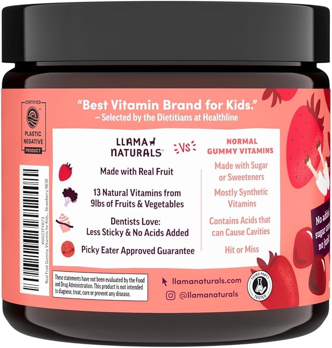 Llama Naturals Kids Multivitamin Gummies | Real Fruit No Added Sugar Cane | Organic Vegan Toddler Whole Food Vitamins | Vitamin D C &amp Beta Carotene Gummy Supplement | Strawberry 180 Ct (2-3 Mont