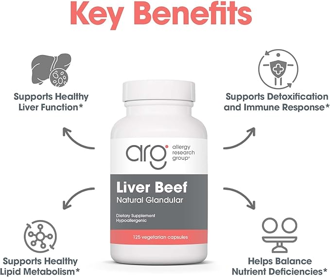 Allergy Research Group Beef Liver Supplement - Liver Function Support Grass-fed Beef Capsules 1000mg Glandular Vitamins - 125 Count