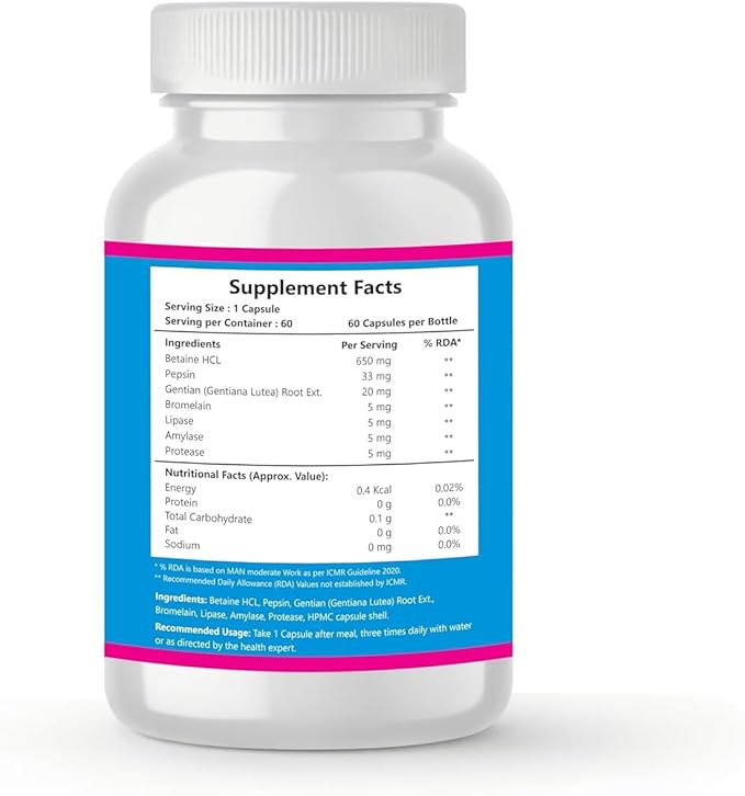 Viva Betaine HCL Pepsin Gentian Bitters | with Digestive Enzymes | Supports Healthy Gut Digestion Gas &amp Acidity Problems and Boosts Metabolism (60 Veg. Capsules)