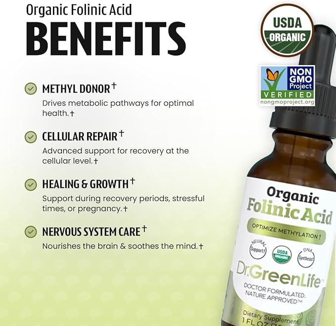 Dr. Green Mom USDA Organic Folinic Acid Drops - 500 mcg per Drop | Methylation Support B9 Supplements for Kids &amp Adults | Supports Neurological Function Nervous System Health &amp DNA Synthesis