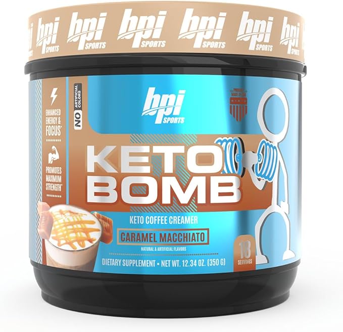 BPI Sports Keto Bomb Coffee Creamer - Supports Energy and Hydration - MCT and Electrolytes - with Calcium - Caramel Macchiato 18 Servings