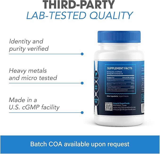 Methylene Blue Capsules 24mg - 99.99% Pharmaceutical Grade Purity - 90 Count - with Vitamin C Ester &amp Organic Cacao for Maximum Absorption - Nootropic Brain Supplement - Vegan Non-GMO Made in US