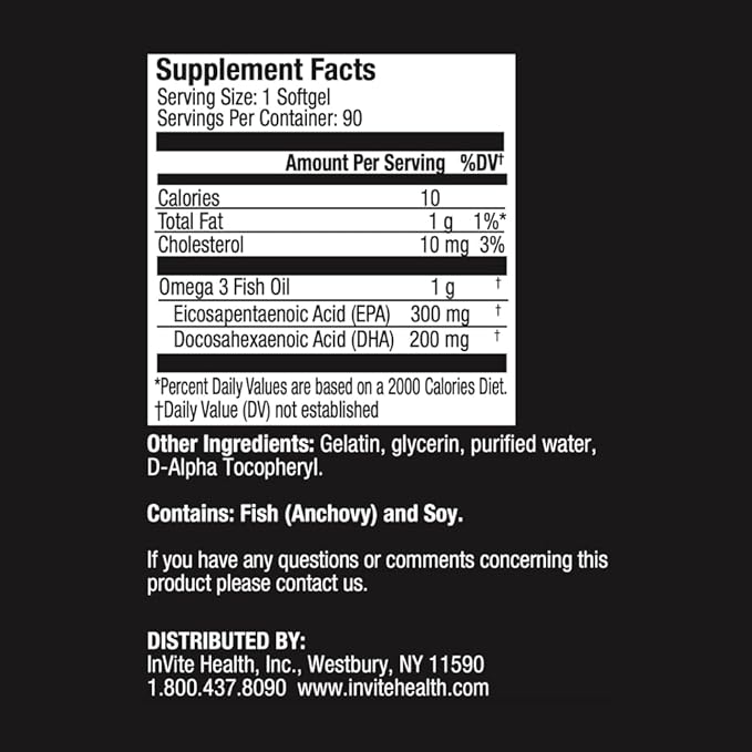 Invite Health Fish Oil 1000 mg - High-Potency Pharmaceutical-Grade EPA and DHA - Provides Omega-3 Fatty Acids to Support Brain and Heart Health - 90 Softgel Capsules