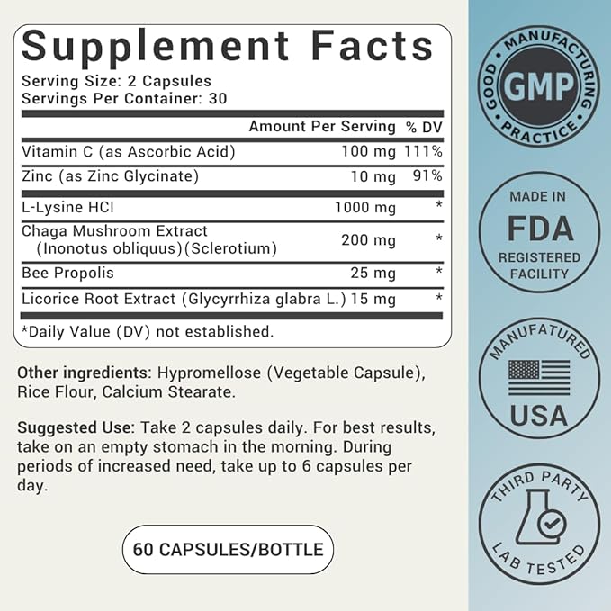 L-Lysine Cold Sore Treatment For Lips With Immune Support - L Lysine 1000mg Capsules Chaga Bee Propolis Vitamin C Zinc &amp Licorice Root Extract - Non-GMO Vegetarian 60 Capsules for Men and Wo