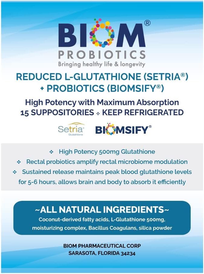 High Potency 500mg Reduced L-Glutathione (Setria Brand) + Probiotic Suppository. Maximum Bioavailable Glutathione Formulation with Powerful Antioxidant Properties.