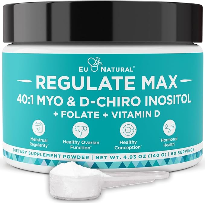 Eu Natural Regulate MAX Myo-Inositol &amp D-Chiro Inositol Supplement Powder for Women with Vitamin D &amp Folate Nutritional Support Hormone Balance &amp Fertility Support Unflavored 60 Servings