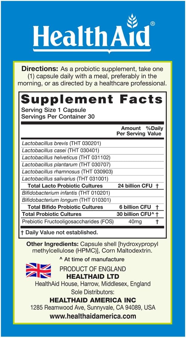 HealthAid MoodProbio 30 Ct 30 Billion CFU with Prebiotic 8 Selected Strains Once Daily Acid &amp Bile Resistant Gluten Dairy and GMO Free Vegan