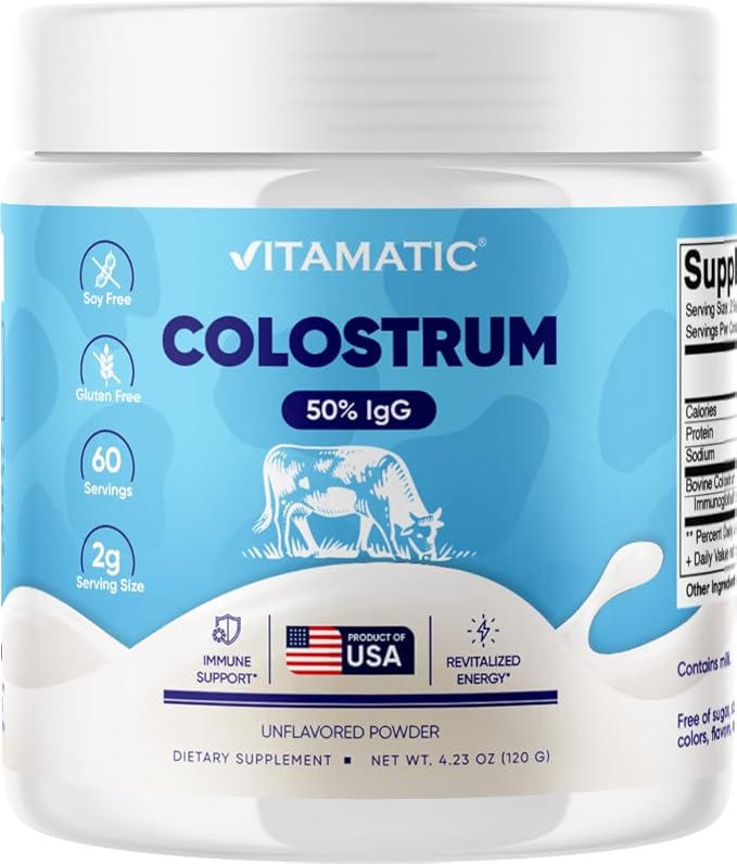 Vitamatic Bovine Colostrum Powder - 50% Highest IgG -120 Gram - Supplement for Gut Health Hair Growth Beauty Muscle Recovery &amp Immune Support - Easy to Mix - Unflavored - 60 Servings