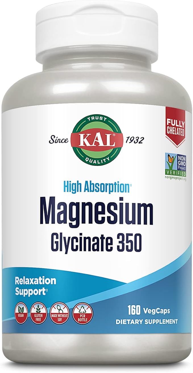KAL Magnesium Glycinate Capsules Fully Chelated Magnesium Bisglycinate High Absorption Magnesium Supplement Healthy Bones Muscle Relaxation and Stress Support Non-GMO 160 count