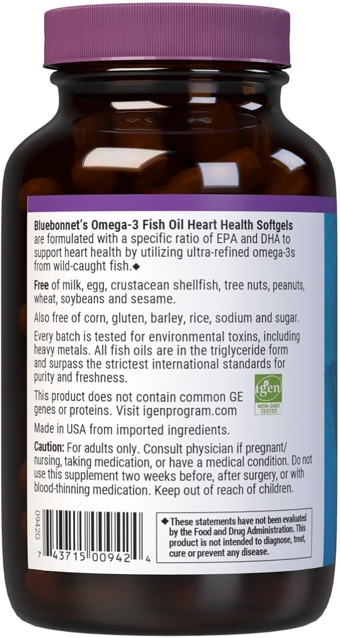 Bluebonnet Nutrition Omega-3 Heart Formula Natural Wild Caught Triglyceride Form DHA 600 mg EPA 800 mg - Highly Concentrated Heart Health Support Supplement - Gluten-Free - 60 Softgel