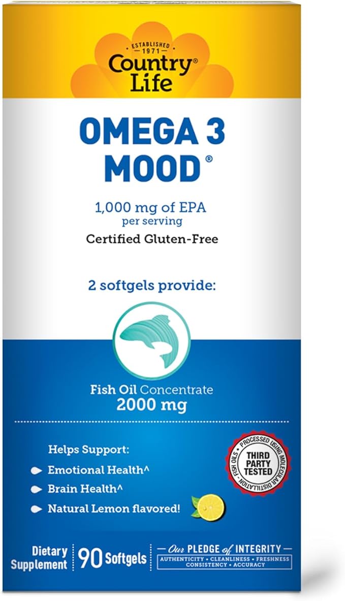 Country Life Omega 3 Mood – 2000mg Fish Oil with EPA &amp DHA – Brain Heart &amp Mood Support – Lemon Flavored No Fishy Aftertaste – Certified Gluten Free Non-GMO – 90 Softgels