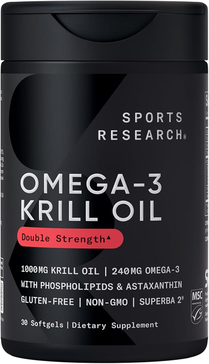 Sports Research Krill Oil Supplement with EPA &amp DHA Omega 3 Phospholipids &amp Astaxanthin from Antarctic Krill - Highest Concentration of Krill Oil for Men &amp Women - 1000mg 30 Softgel Caps