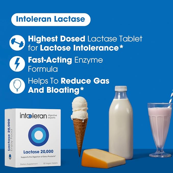 Intoleran Lactase 20000 Digestive Enzymes - 50 Scored Tablets | Supplement for Lactose Intolerance | Lactase Enzyme That Helps Digest Dairy &amp Lactose | Highest Dosed &amp Fast Acting | Pure &amp