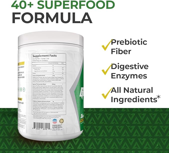 Alpha Supps - Alpha Greens Supplement | Fruit &amp Vegetable Superfood Powder | Over 40 Natural Plant Based Ingredients | Prebiotic &amp Probiotic Digestive Support Blend - 30 Servings (Orange Cherr