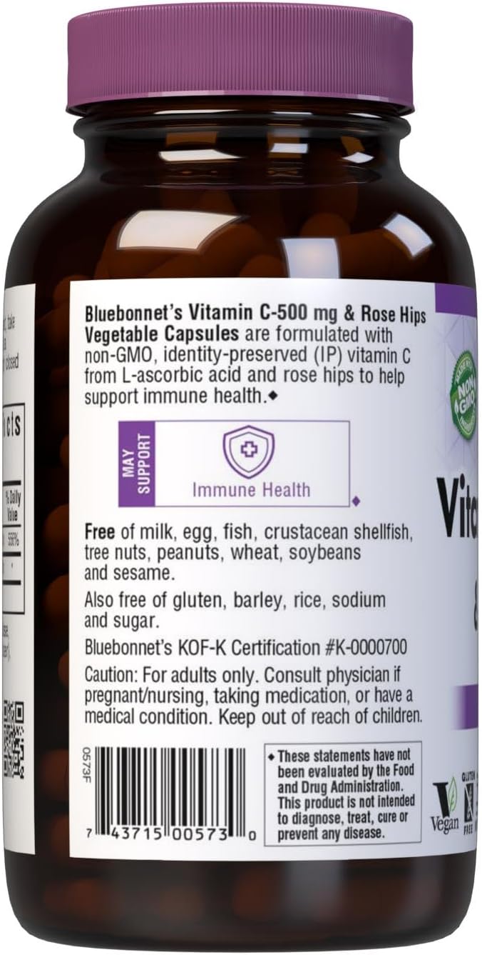 Bluebonnet Vitamin C 500 mg Plus Rosehips Vegetable Capsules 180 Count