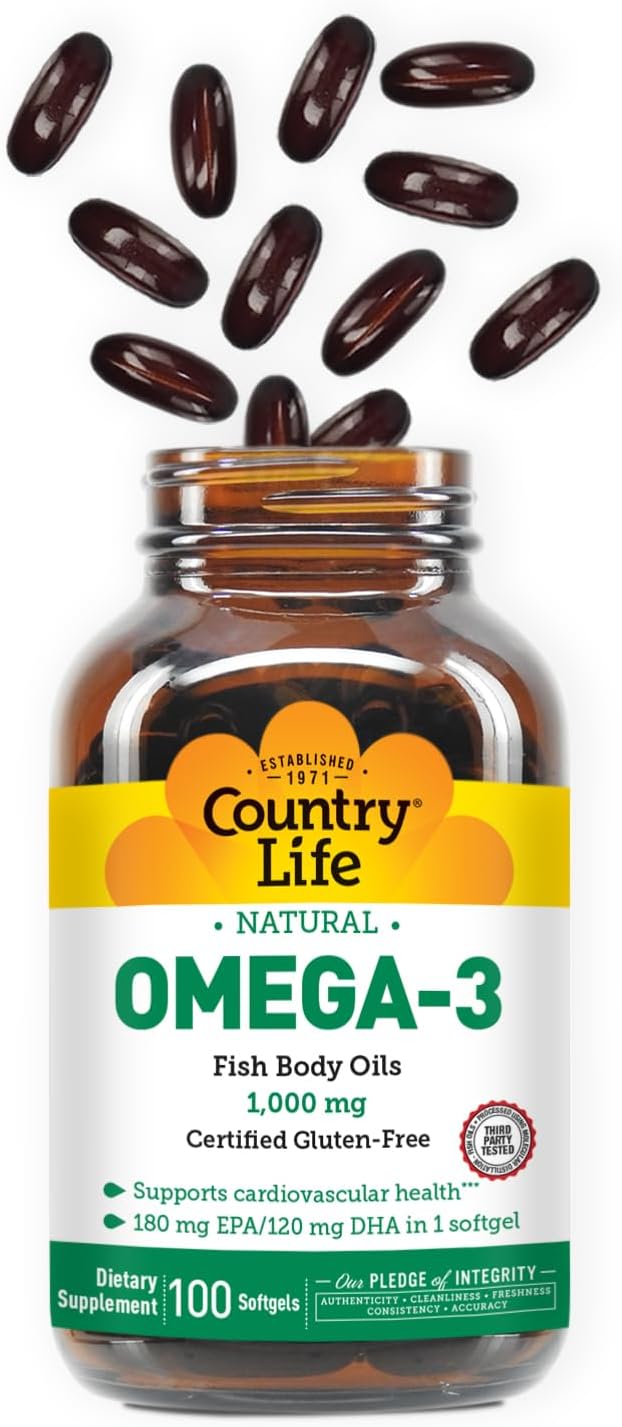 Country Life Omega-3 Fish Oil Supplement 1000mg 180mg EPA &amp 120mg DHA Fish Oil Concentrate Burpless 100 Softgels Certified Gluten Free