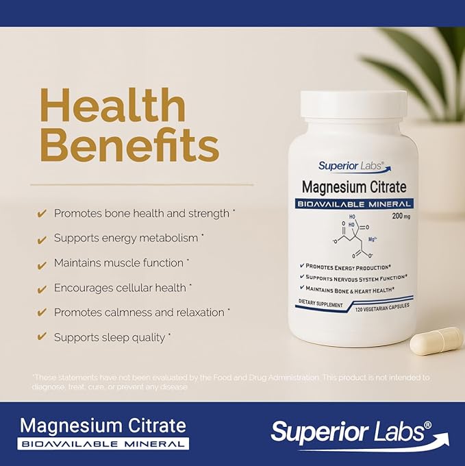 Superior Labs Magnesium Citrate 200mg High Absorption Non-GMO Additive-Free &amp Gluten-Free Promotes Calm Sleep Eases Muscle Cramps &amp Twitches Supports Constipation Relief 120 Veg Caps
