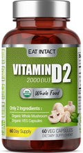 Vegan Whole Food Vitamin D 2000 IU (50 mcg) D2 Two Ingredients (Organic Whole Mushroom and Organic Vegan Capsule) Non-GMO Third Party Tested 60 Day Supply