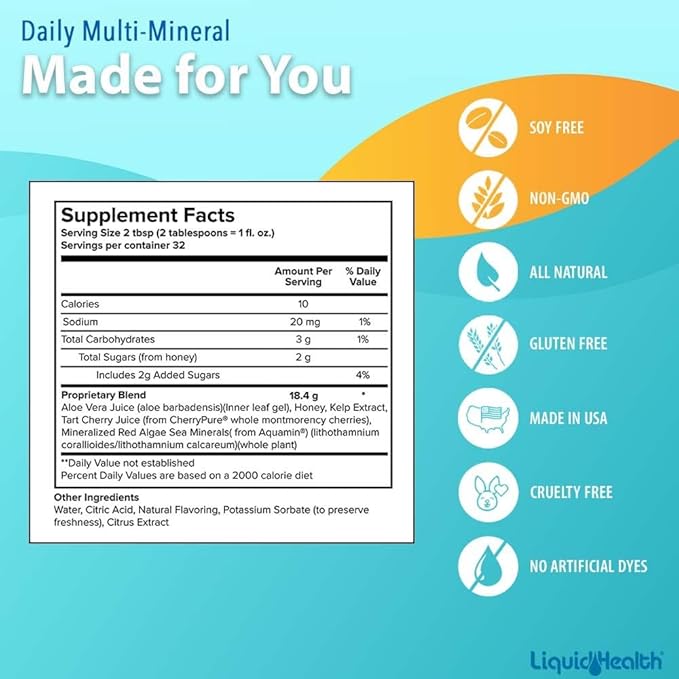 LIQUIDHEALTH Daily Multi Mineral Liquid Supplement with Fulvic Acid Plant Based Ionic Aquamin Sea Trace Ocean Minerals - Immune Support Energy Gut Health Detox - Made in USA Vegetarian (2 Pack)