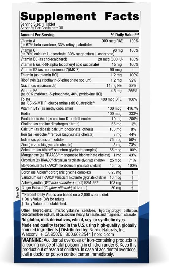 Nordic Naturals Women’s Multivitamin One Daily - Skin Hair Energy &amp Bone Support - Immunity Supplement - 20 Essential Nutrients - 30 Tablets - 30 Servings