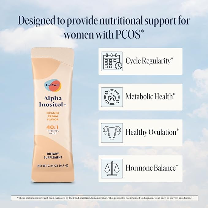 FullWell Alpha Inositol+ Stick Packs - Hormonal Ovarian &amp Metabolic Aid - 40:1 Myo-inositol to D-Chiro-inositol - Orange Cream - 60 Count (30 Servings)