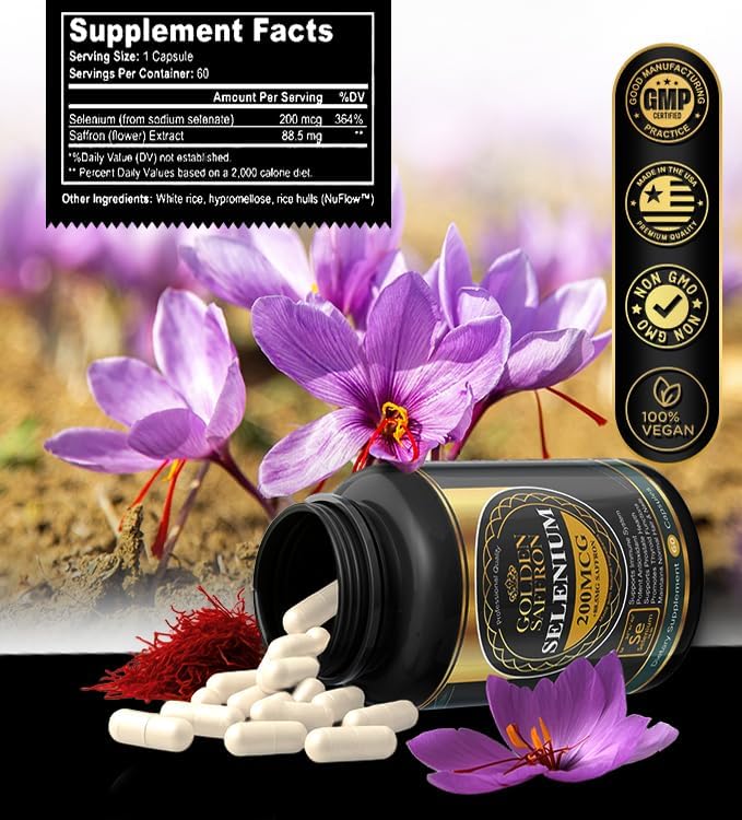 Golden Saffron Selenium (200mcg Selenium &amp 88.5 mg Saffron Extract) - to Support Overall Health Non-GMO Gluten Free Dairy Free with Unique and Advanced Formula – Made in USA &amp Tasteless.