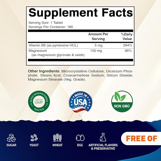 Vitamatic Magnesium with B6-180 Vegetarian Tablets (Uncoated) - Added B6 for Maximum Absorption - Supports Muscle Joint and Heart Health - 3 Pack
