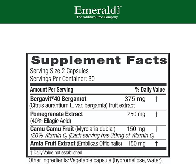 EMERALD LABS Bergamot+ - Supports Metabolism &amp Heart Health with Bergamot Pomegranate Amla &amp Camu Camu - Gluten-Free &amp Vegan - 60 Vegetable Capsules (30 Servings)