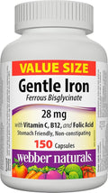 Webber Naturals Gentle Iron Supplement with Vitamin C B12 and Folic Acid 28 mg 150 Capsules Stomach-Friendly Non-Constipating Helps Prevent Iron Deficiency Anemia