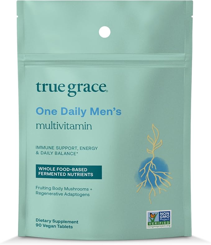 True Grace One Daily Men’s Multivitamin Fermented Minerals Organic Adaptogens &amp Mushrooms Whole Body Balance Immune Endurance Bone &amp Heart Support - Non-GMO Gluten Free - 90 Vegan Tablets