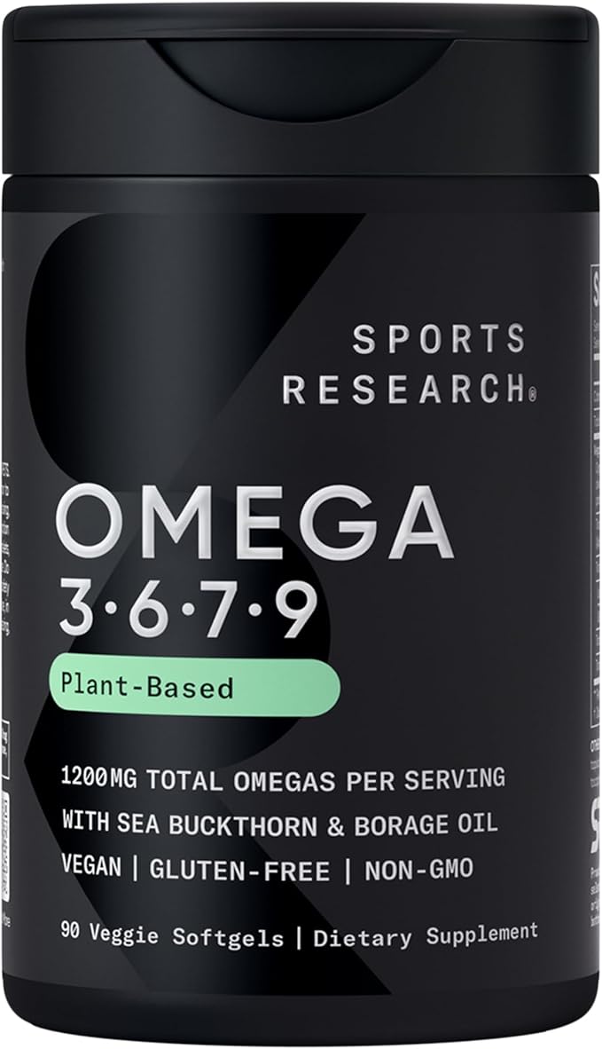 Sports Research® Vegan Omega 3-6-7-9 - 1200 mg of Multi-Spectrum Omega Fatty Acids Certified Non-GMO Formula with Sea Buckthorn &amp Borage Oil - 90 Veggie Softgels