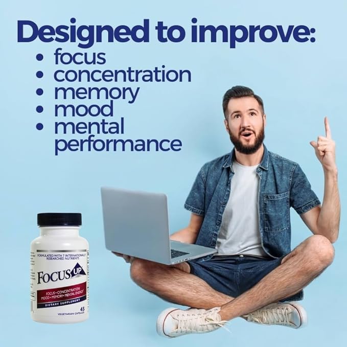 FocusUP Brain &amp Energy Support Supplement – Natural Nootropic Capsules with Acetyl L-Carnitine Rhodiola DMAE &amp Huperzine-A | Supports Focus Memory Mood &amp Mental Clarity | 45 Sugar-Free