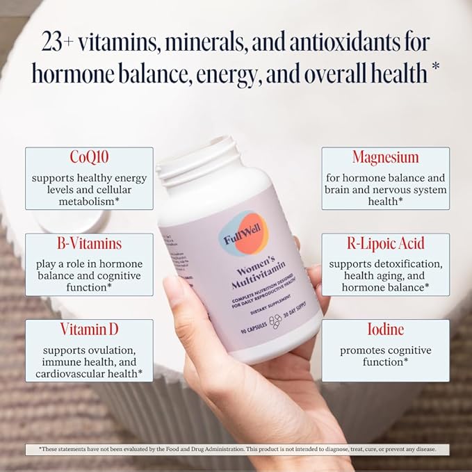 FullWell Women's Multivitamin - Daily Multivitamin for Reproductive Health - Supports Future Fertility Hormone Balance &amp Overall Wellness - Antioxidant Blend - CoQ10 &amp PQQ - 90 Count (30 Serv
