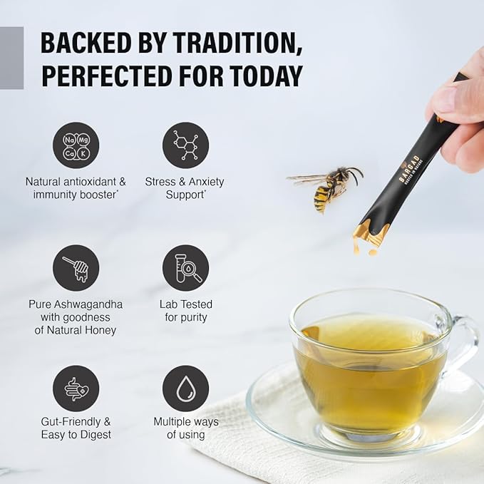 Bargad KSM-66 Ashwagandha Honey Sticks | 400mg Adaptogenic Support | Promotes Relaxation Sleep Focus Energy &amp Vitality | Premium Organic Honey | No Artificial Additives | 30 Count
