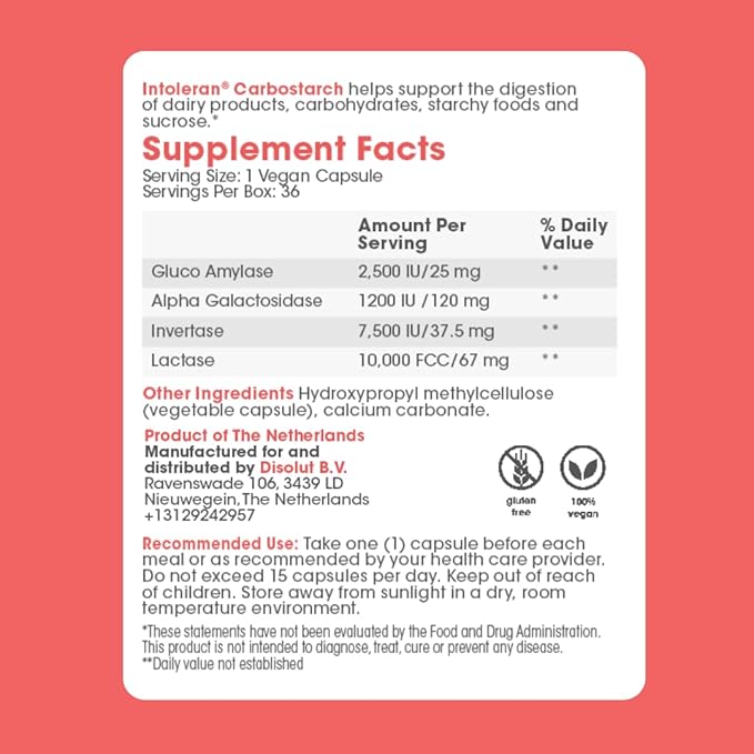 Intoleran Carbostarch Digestive Enzymes - 36 Capsules | Helps Digest Starch Sucrose Lactose and Complex carbohydrates | FODMAP Intolerance | Highly Dosed Supplement | Pure &amp Vegan
