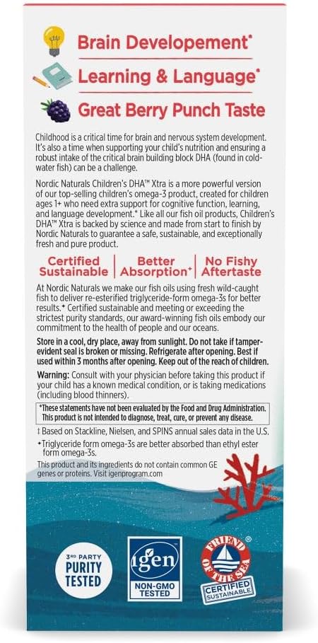 Nordic Naturals Children’s DHA Xtra Berry Punch - 2 oz for Kids - 880 mg Total Omega-3s with EPA &amp DHA - Cognitive &amp Immune Function Learning Social Development - Non-GMO - 48 Servings