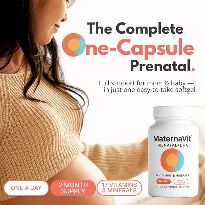 MaternaVit 1 a day Prenatal vitamins for women 2 month: Folic acid Fish Oil Omega 3 DHA/EPA Vitamin D3 B6 Vitmain B12 C E Calcium Iron Magnesium Zinc supplement FSA eligble multivitamin