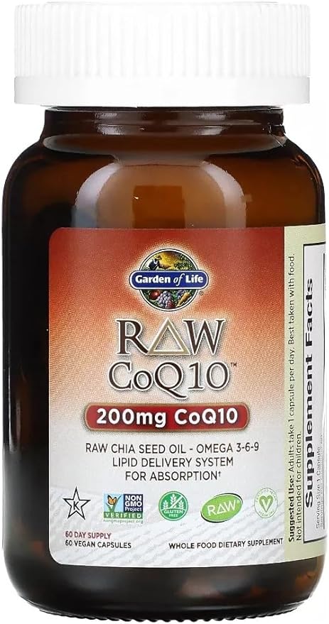 Garden of Life CoQ10 200mg Vegetarian Omega 3 6 9 Supplement Raw Co Q 10 Chia Seed Oil Whole Food Nutrition with Antioxidant Support Coenzyme q10 Supplement for Heart Health 60 Capsules