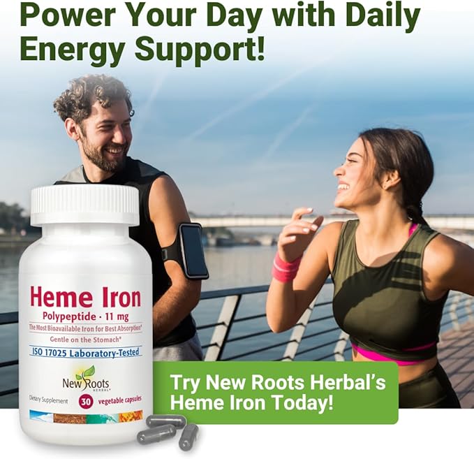 NEW ROOTS HERBAL Heme Iron Supplement | 4-in-1 Formula with Vitamin C B12 Folate for Best Absorption | Raise Hemoglobin &amp Ferritin for Women &amp Men Low-FODMAP (30 Capsules)