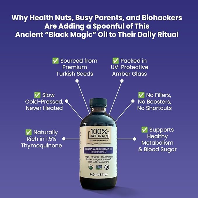 100% Naturals Pure Virgin Organic Black Seed Oil (8oz Glass Premium Bottle) - Cold-Pressed Nigella Sativa Oil with Natural Antioxidants High in Thymoquinone Chemical-Free Kosher Non-GMO