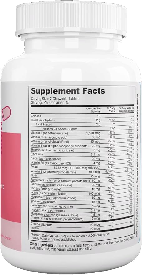 Nutri Supreme Prenatal Vitamin Chewable Prenatal Vitamins for Women with 800 MCG of Folate Complete Pregnancy Multivitamin with Iron Kosher Cherry Flavor 90 Count