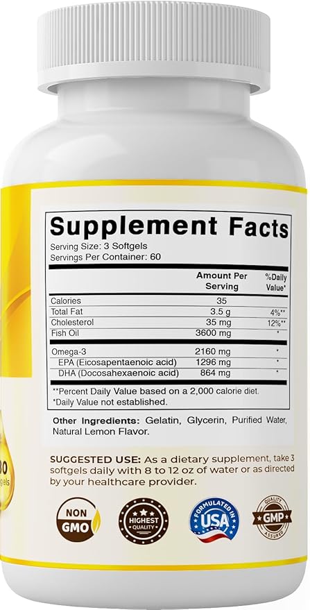 Vitamatic Triple Strength Omega 3 Fish Oil 3600mg Per Serving 2160mg Omega 3 Fatty Acids 1296mg EPA + 864mg DHA Burpless Lemon Flavor 180 Softgels- 2 Pack