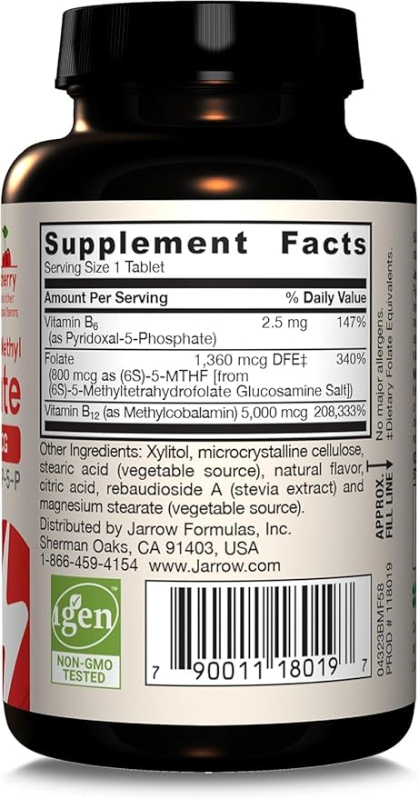 Jarrow Formulas Methyl B-12 &amp Methyl Folate Bioactive Vitamin B9 and Vitamin B12 Supplement Healthy Brain Function &amp Metabolism 60 Chewable Tablets 60 Servings (Pack of 2)