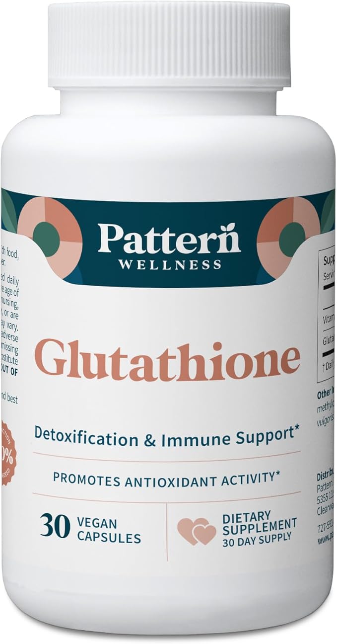 Pattern Wellness Glutathione Supplement - Active Reduced Glutathione Formula with Added Vitamin C - Cell Antioxidant + Immune Health Support - 30 Vegan Capsules