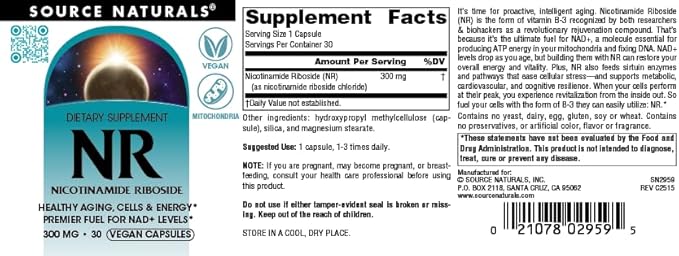 Source Naturals NR Nicotinamide Riboside Vegan Dietary Supplement for Mitochondria Healthy Aging Cells &amp Energy* Premier Fuel for NAD+ Levels 300 mg - 30 Vegan Capsules