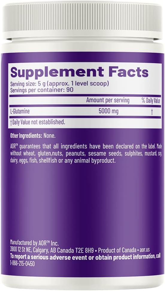 AOR L-Glutamine Powder 5000mg 450g (90 Servings) – Clean Amino Acid for Active Lifestyles &amp Daily Wellness Support Product of Canada