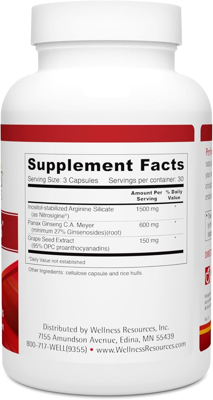 Wellness Resources Performa Plus with Advanced Absorption Nitrosigine L-Arginine. Promotes Nitric Oxide (eNOS) Production. Panax Ginseng GSE (90 cpasules)
